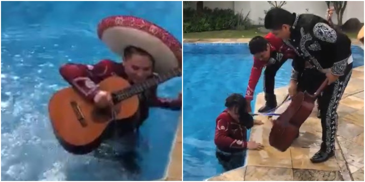 Mariachi cayó a la piscina