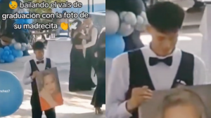 joven bailando vals con retrato de su madre fallecida