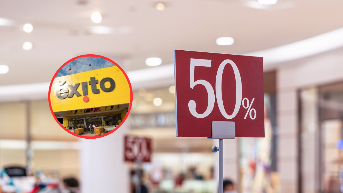 Descuentos en un establecimiento comercial y de fondo una fotografía de la fachada de un almacén del Grupo Éxito (Fotos vía Getty Images y COLPRENSA)