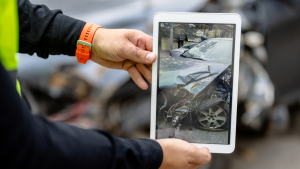 Persona mostrando en un tablet un acercamiento al accidente