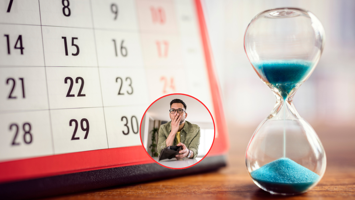 Hombre preocupado sin dinero y al fondo un calendario y un reloj de arena (Foto vía Getty Images)