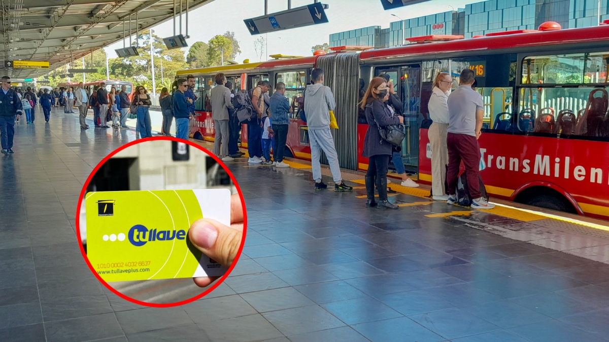 Pasajeros subiendo a bus de TransMilenio, encima imagen de la tarjeta TuLlave (Getty Images / redes sociales)